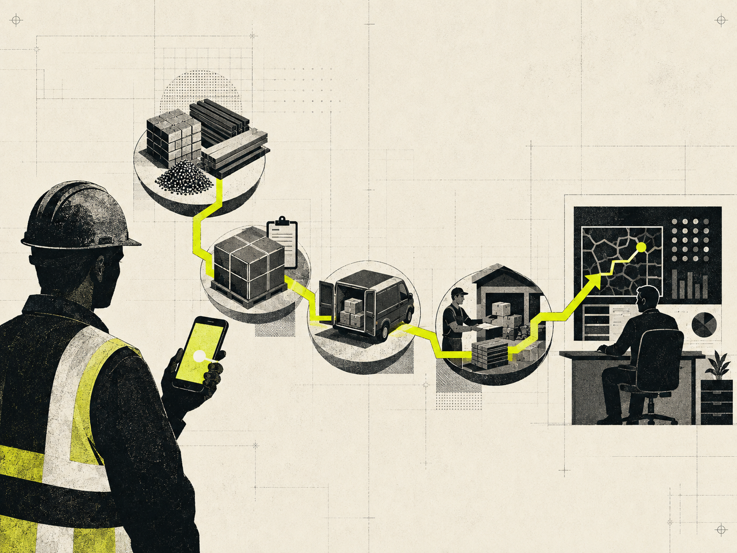 Editorial illustration connecting a field operative to materials, fulfilment and back office control